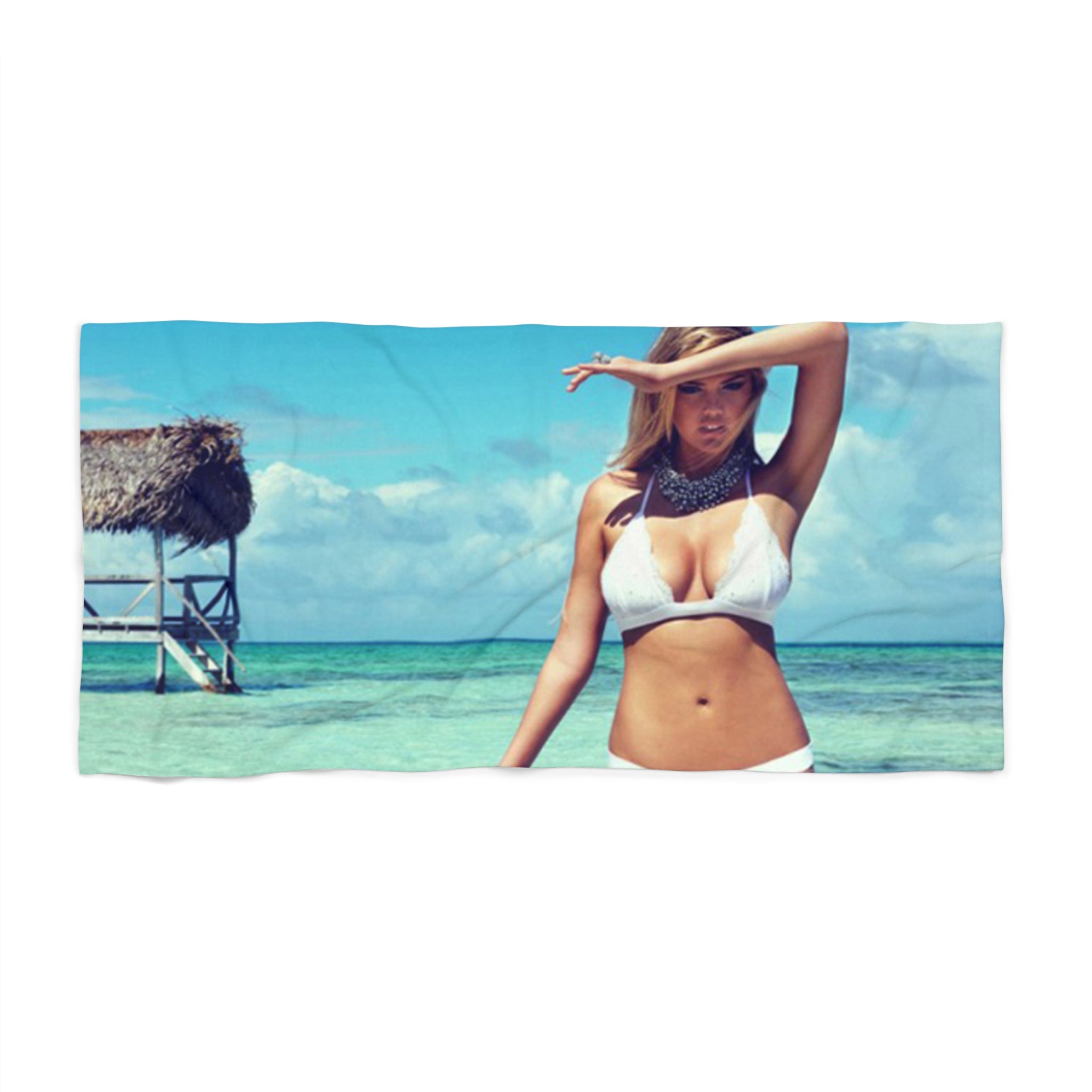 Tropical Bikini Beach Towel - Ocean Resort Vibes, Woman in White Bikini Print