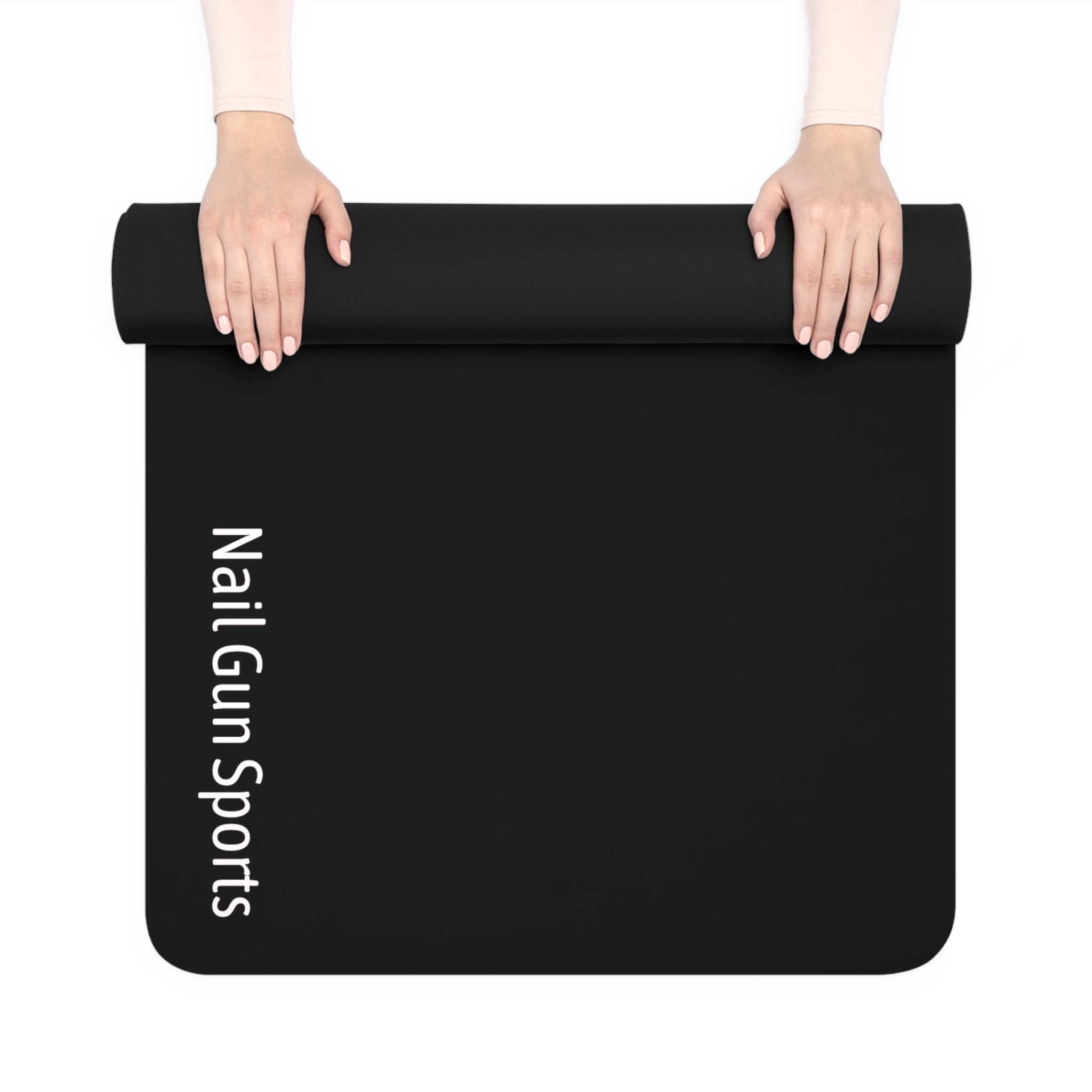 Yoga Mat — Minimal Black Rubber Mat with 'Nail Gun Sports' Accent