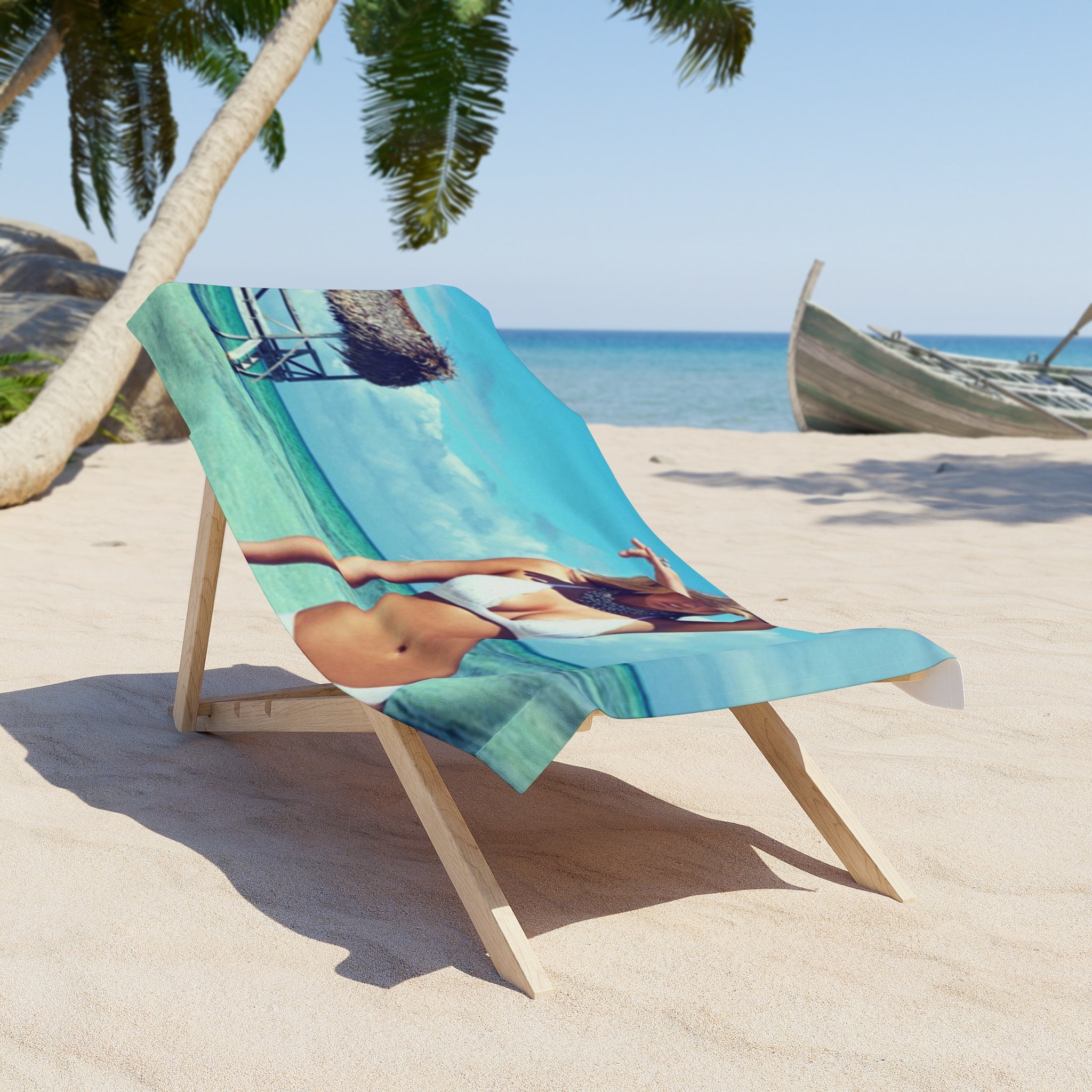Tropical Bikini Beach Towel - Ocean Resort Vibes, Woman in White Bikini Print