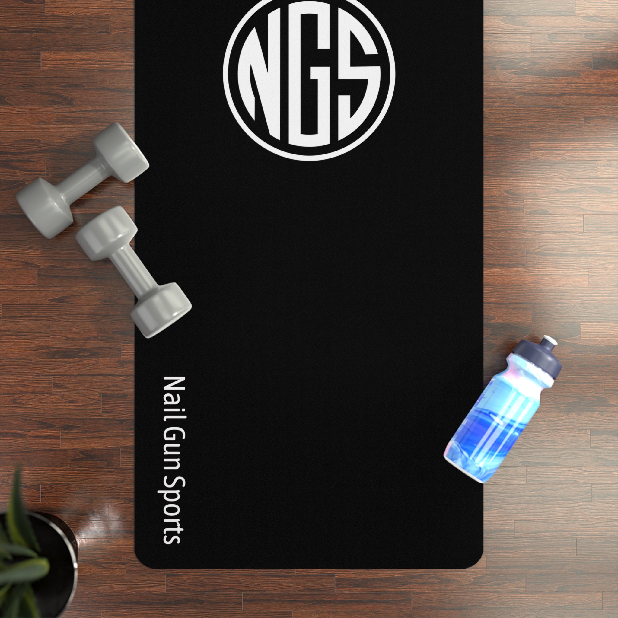 Yoga Mat — Minimal Black Rubber Mat with 'Nail Gun Sports' Accent